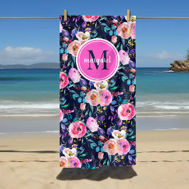De Praia Toalha Boho Floral Rosa e Azul Marinho Monograma a