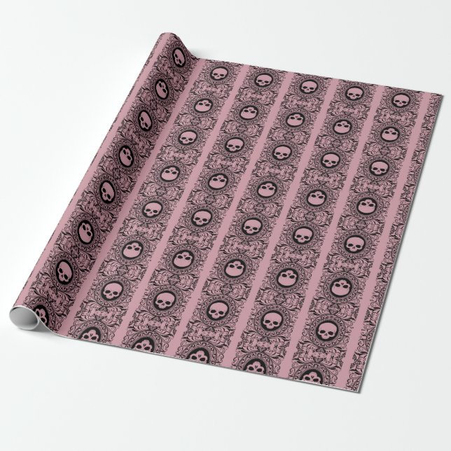 De Presente crânios pretos do Damask Cameo em papel rosado (Desenrolado)