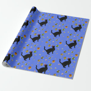 De Presente Dourado Gato Preto Estrelas Papel Azul