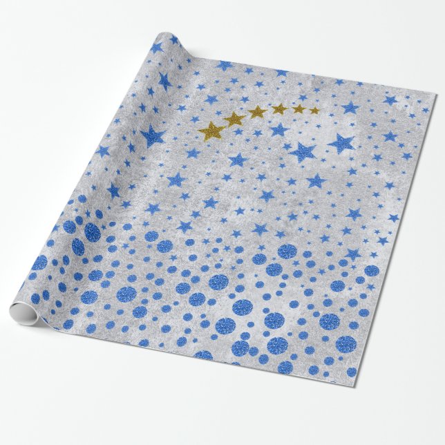 De Presente Estrelas azuis cintilantes em papel prateado abstr (Desenrolado)