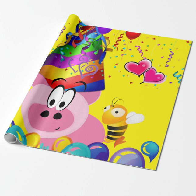 De Presente Feliz Aniversário Enrolando Papel Porco Bumblebee (Desenrolado)