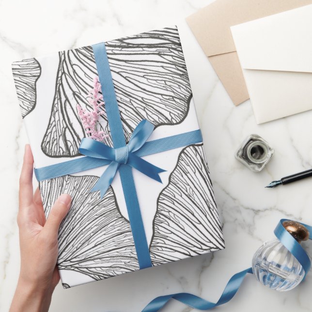 De Presente Ginkgo deixa papel ondulado. Preto e Branco (Presentear)