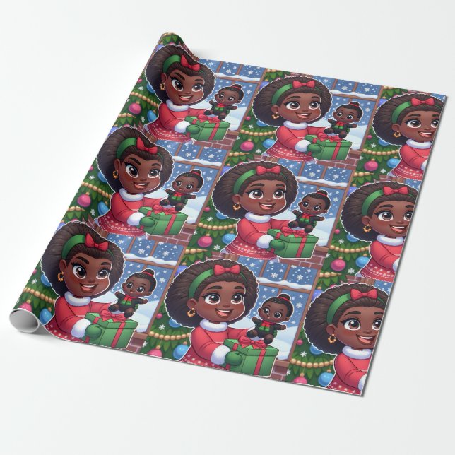 De Presente Menina negra com boneca preta embrulhando papel (Desenrolado)