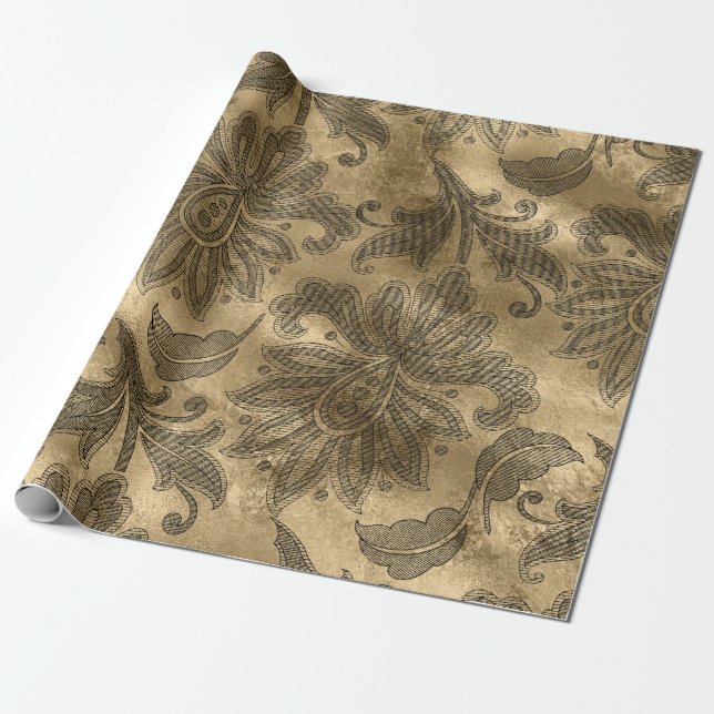 De Presente Papel Damask com Folha Dourada e Preta (Desenrolado)