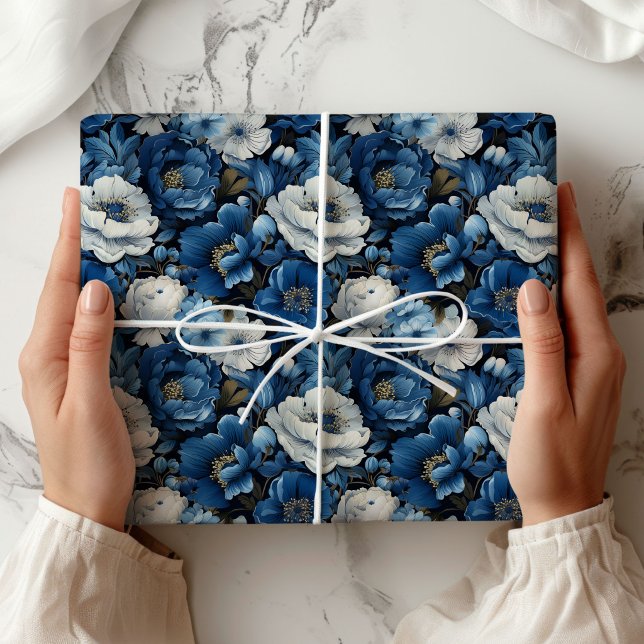 De Presente Papel Decorativo Moderno para Embrulho Floral Marf (Modern Blue Ivory Floral Decorative Wrapping Paper)