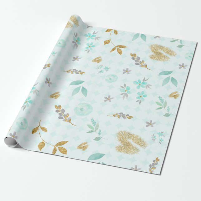 De Presente Papel Floral Aquarela Azul Macio com Brilho Dourad (Desenrolado)