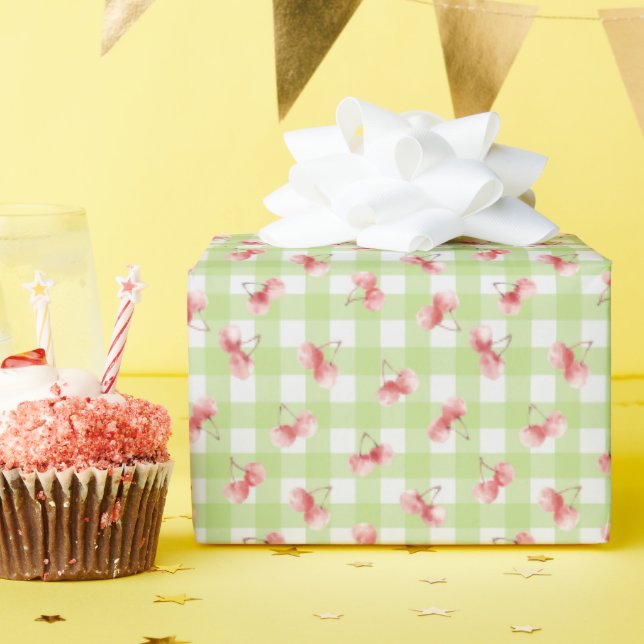 De Presente Papel Gingham Verde Lima Pastel Cereja Vermelha Aq (Festa de aniversário)