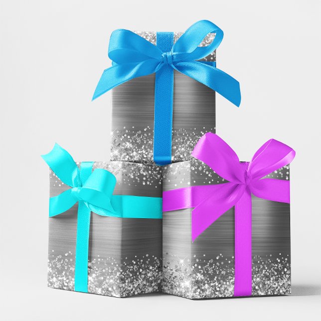 De Presente Papel Prateado Brilhante com Efeito Ombre (Glittery Silver Ombre Foil Wrapping Paper)
