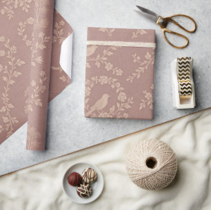 De Presente Papel Toile Francês Rosa e Creme com Pássaros