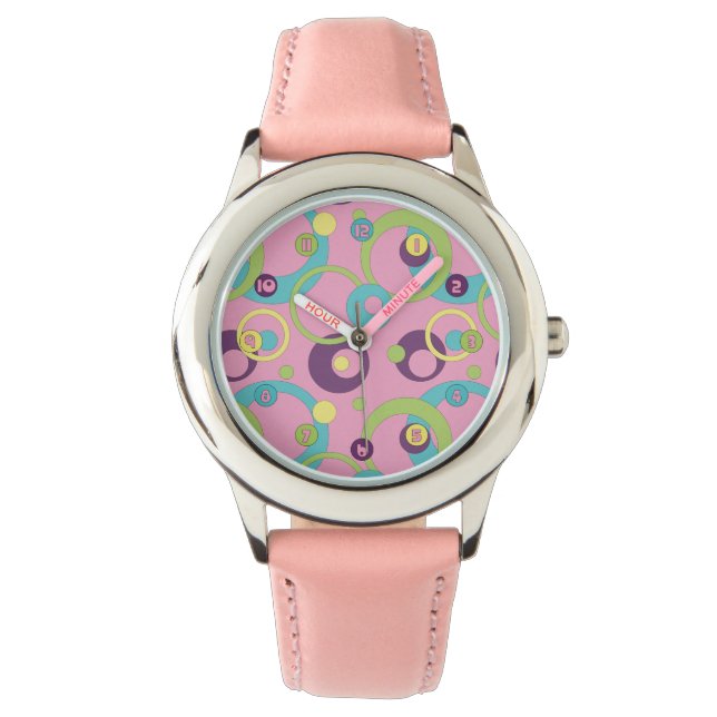 De Pulso Relógio Círculos Rosa Funky (Frente)