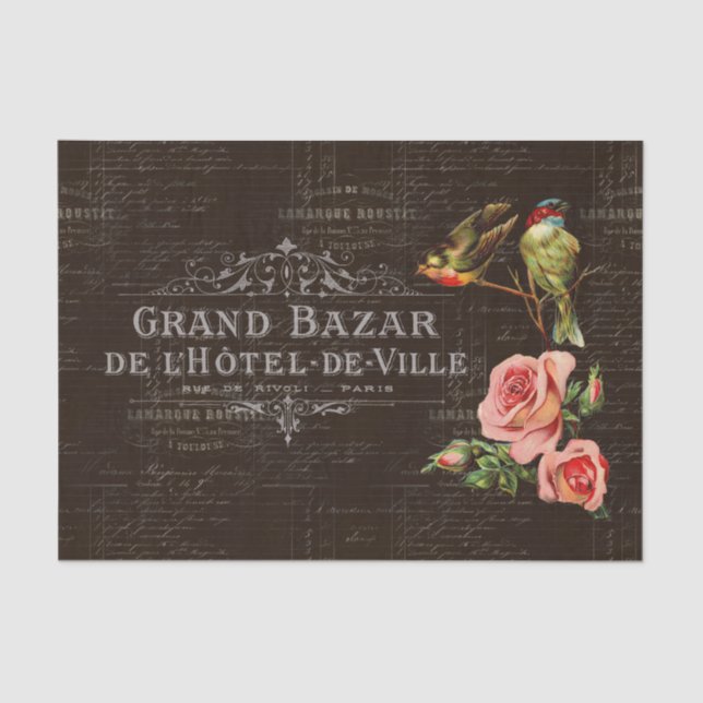 De Seda Aves Vintage Rosas Papel Tecido Escuro Francês (Frente )