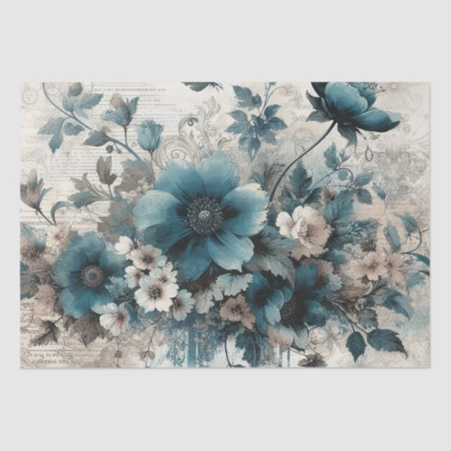 De Seda Azul Aqua Vintage Inspirou Papel Tecido Floral (Frente )