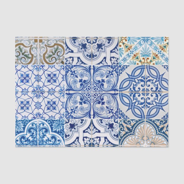 De Seda Azulejos azuis Papel no Tecido (Frente )