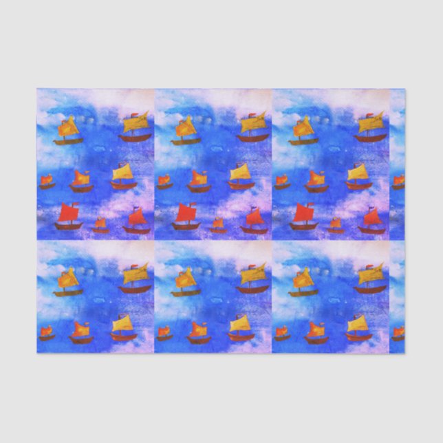 De Seda Barcos com aquarela Azul Mar Papel Personalizado (Frente )