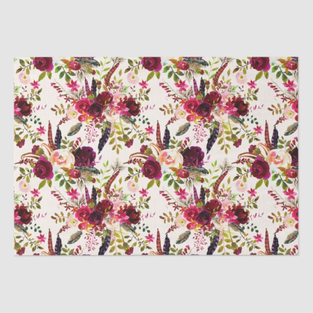 De Seda Boho Watercolor Floral, Penas Papel Tecido (Frente )