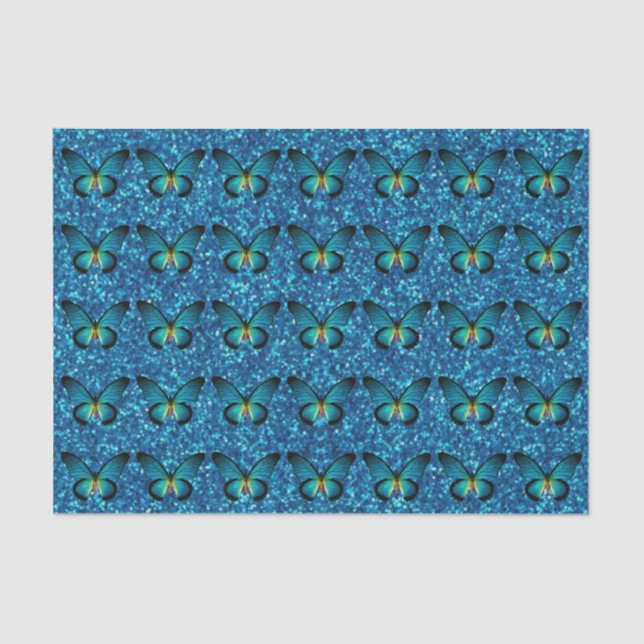 De Seda Borboleta Azul No Papel Tecido Brilhante Azul (Frente )