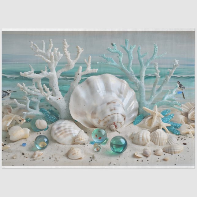 De Seda Coral e Shell Display Pastel Blues Papel Tecido (Frente )