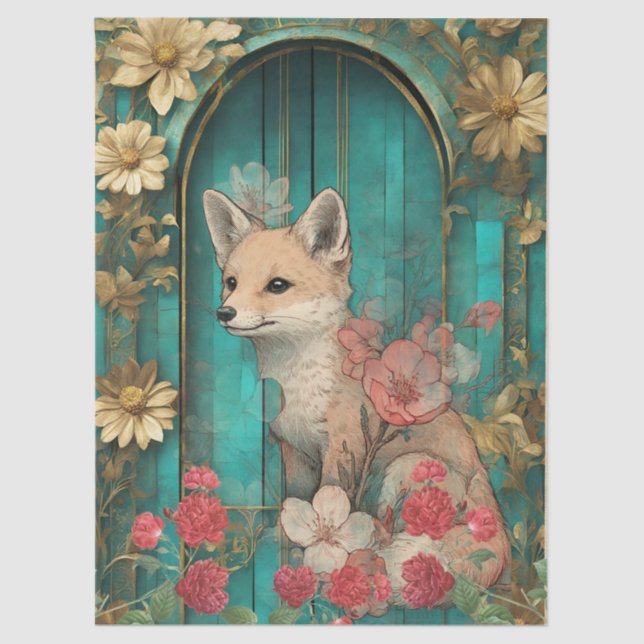 De Seda Elegante Teal Oriental Fox Artesanato Papel Tecido (Frente )