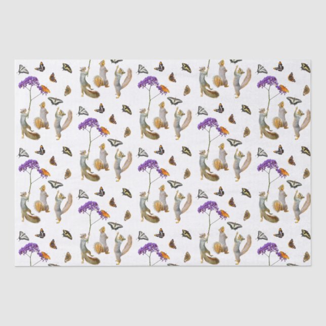De Seda Esquilos com Borboletas Papel Tecido (Frente )