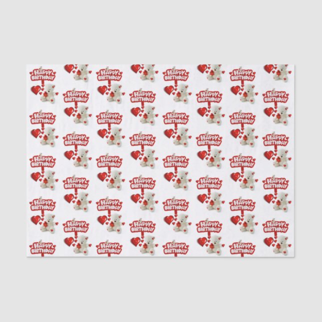 De Seda Feliz Aniversário Papel Tecido Branco Urso Branco (Frente )