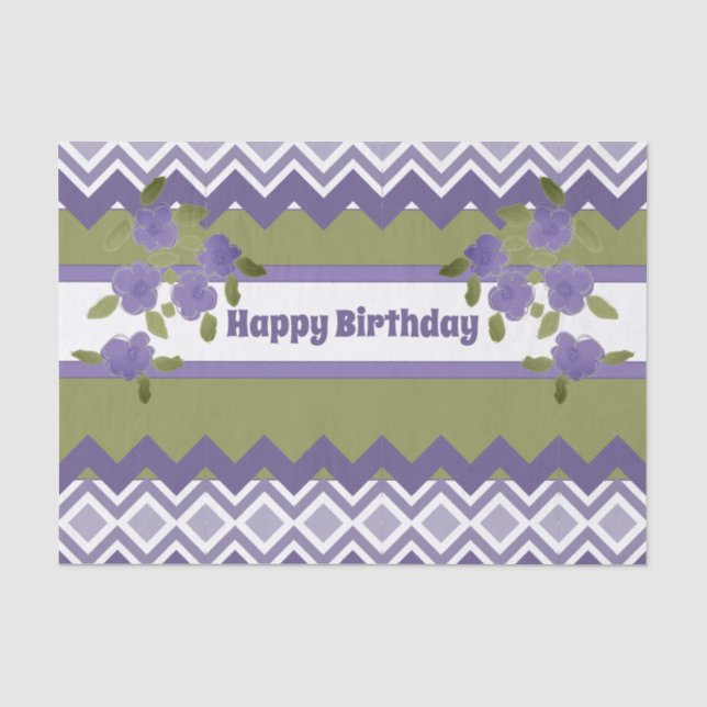 De Seda Feliz Aniversário Papel Tecido em Roxo e Oliva (Frente )