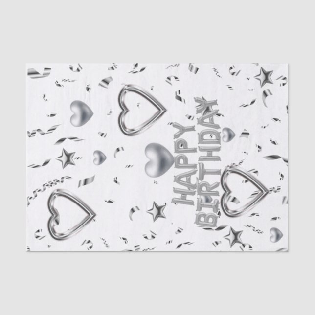 De Seda Feliz Aniversário Papel Tecido Silver Corações (Frente )