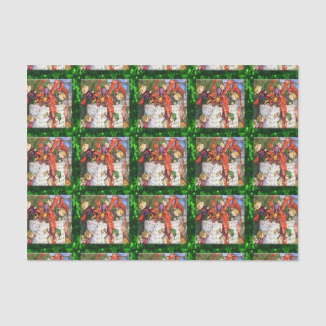 De Seda Feliz Elves Wrapping Presente 10lb Papel no Tecido (Frente )