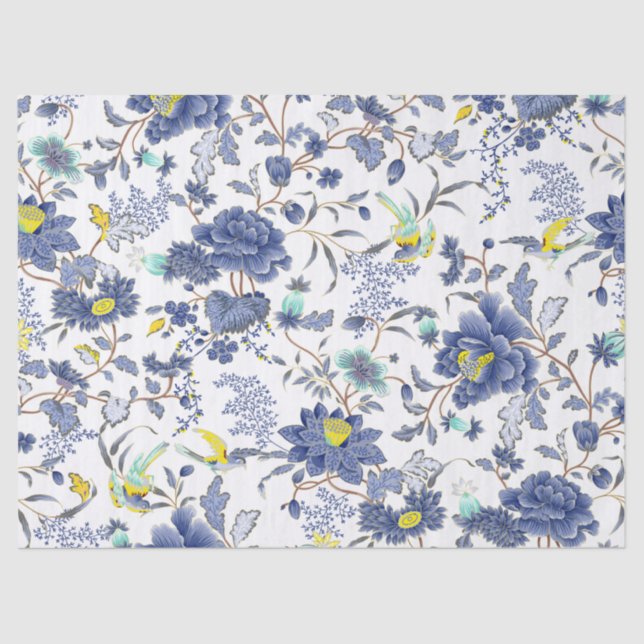 De Seda Flores Azuis Papel Tecido Pássaros Amarelos (Frente )