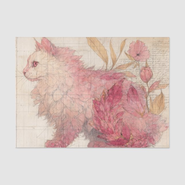 De Seda Gato Rosa Bonito c/Flores em Papel com Visual Vint (Frente )