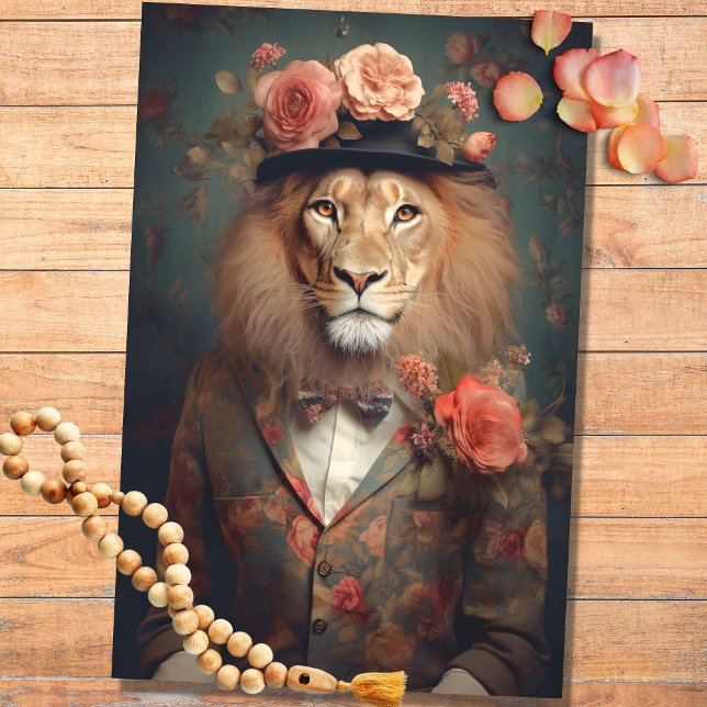 De Seda Leão em naipe, Chapéu com Flores 2 Papel Decoupage (Criador carregado)