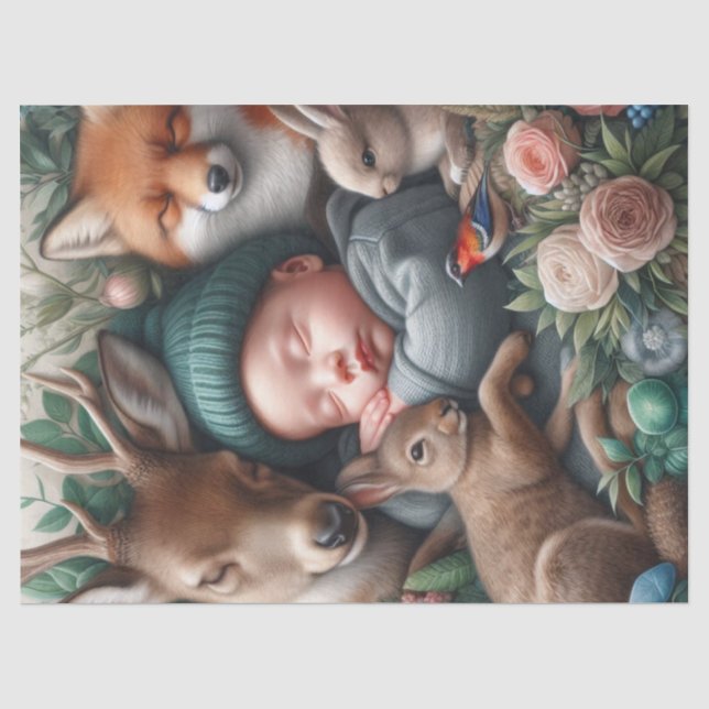 De Seda Menino Dormindo com Animais da Floresta Papel Tiss (Frente )