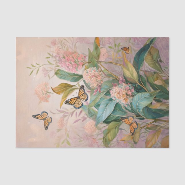 De Seda Monarch Meadow e Milkweed em Papel Tecido Rosa (Frente )
