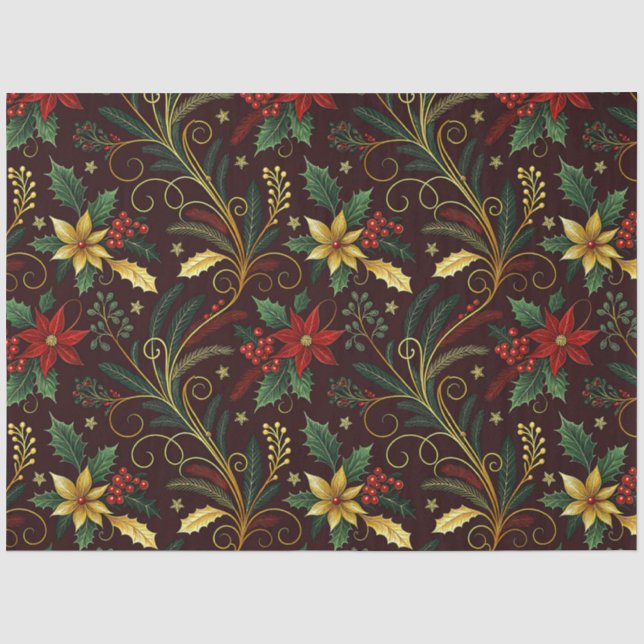 De Seda Papel Decoupage Flores Natal Vermelho Dourado Verd (Frente )