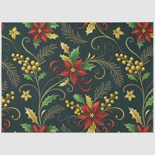 De Seda Papel Decoupage Flores Natal Vermelho Dourado Verd (Frente )
