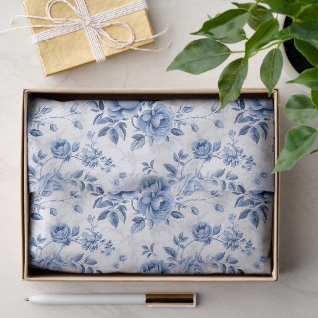 De Seda Papel Floral Toile Azul (Presente)