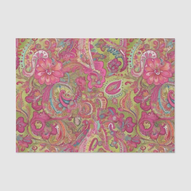 De Seda Papel para tecidos retro-verde limão e paisley ros (Frente )