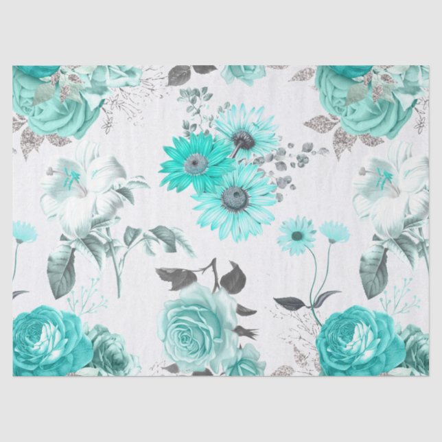 De Seda Papel Tecido Design Série Floral Turquesa 11 (Frente )