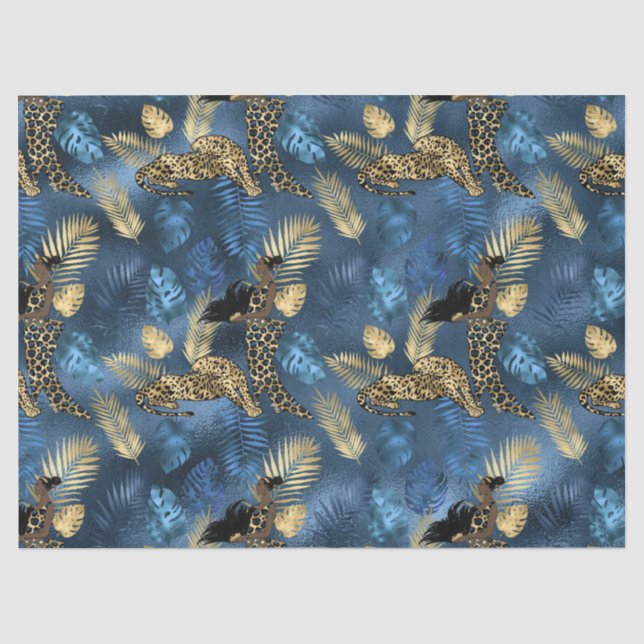 De Seda Papel Tecido Design Série Leopardo Azul e Dourado  (Frente )