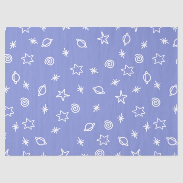 De Seda Papel Tecido Espaço Azul Doodle Estrelas Planetas (Frente )