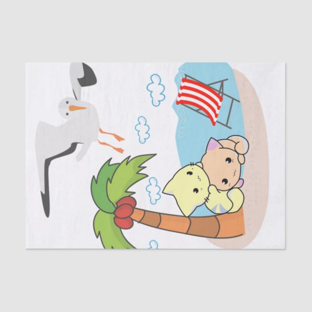 De Seda Papel Tecido Gaivota Gato Cachorro Palm Tree Beach (Frente )