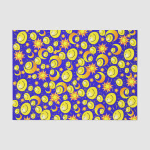 De Seda Papel Tecido Lua Sol Amarelo Estrelas Azul