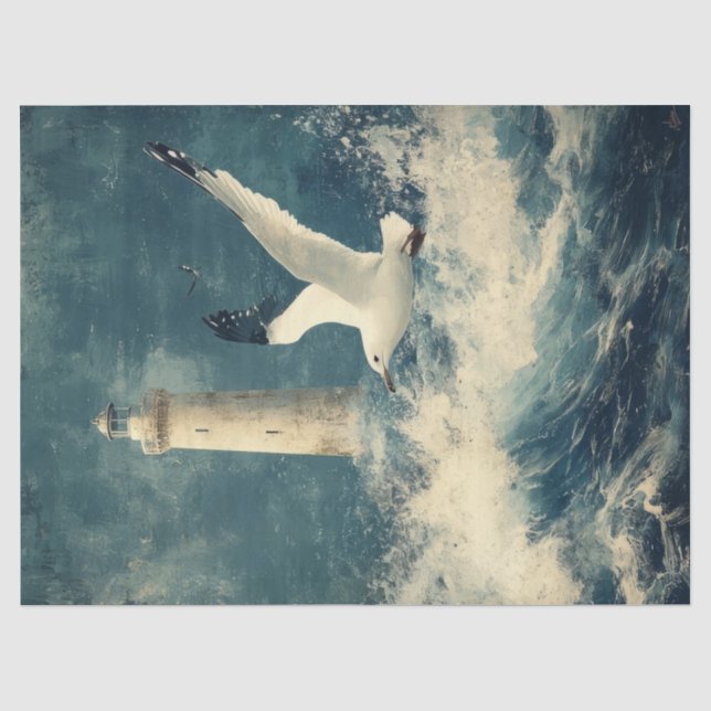 De Seda Papel Tecido Náutico com Farol e Gaivota (Frente )