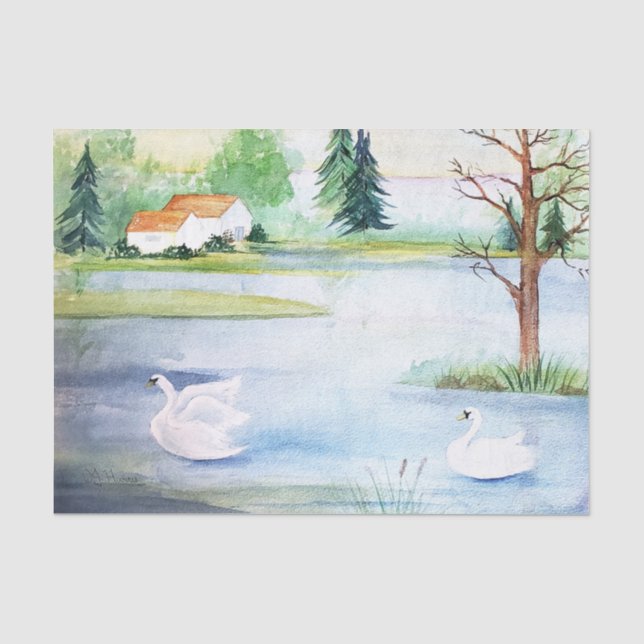 De Seda Papel Tecido Swan Lake Watercolor (Frente )