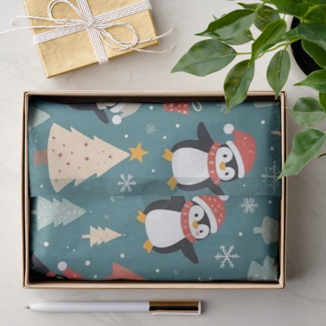 De Seda Papel Tecido Verde Natal Padrão Pinguim (Presente)