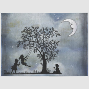 De Seda Papel tecidular com lua e crianças brincando