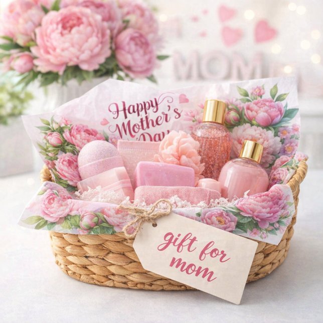De Seda Papel Tissue Dia das Mães Peonias Rosa Floral (Celebrate Mom with floral tissue paper that turns any basket into a heartfelt gift moment.)