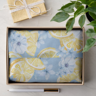 De Seda Papel Tissue Floral Aquarela Azul e Limão Fatiado