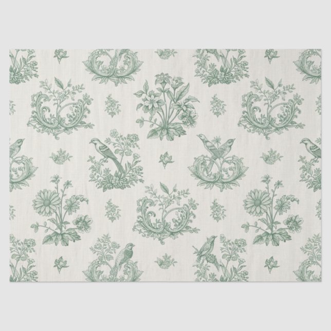 De Seda Papel Verde Menta com Pássaros e Florais Toile Fra (Frente )
