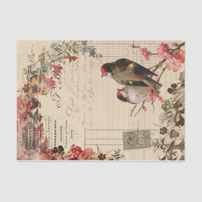 De Seda Pássaros Florais Ephemera Decoupage Papel Tecido (Frente )
