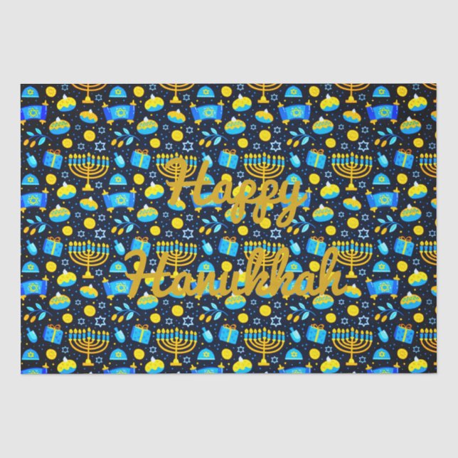 De Seda Personalize o papel Dourado azul HANUKKAH (Frente )